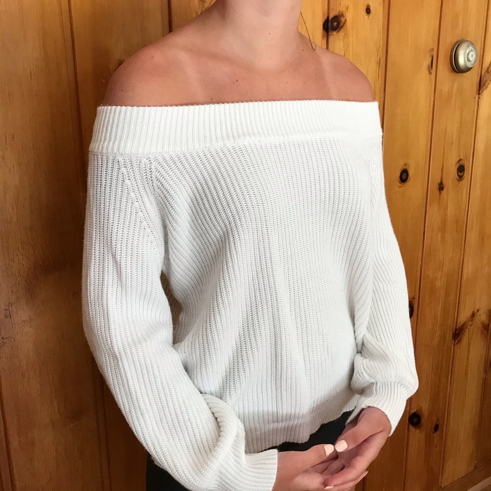 White Off The Shoulder Knit Sweater Top